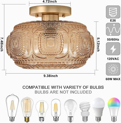 Semi Flush Mount Ceiling Light, Amber Globe Glass Ceiling Light Fixture, Art Deco Kitchen Lighting fixtures Ceiling for Hallway Porch Corridor Bedroom, Bulb Not Included