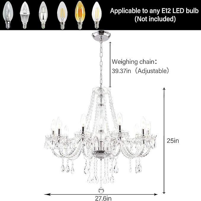 PAPAYA Crystal Chandeliers Clear Chandelier 25 * 27.5in 10-Light Modern Pendant Ceiling Lighting Fixture with Acrylic Crystals & Beads for Girls Room,Living Room,Kitchen Island,Entryway