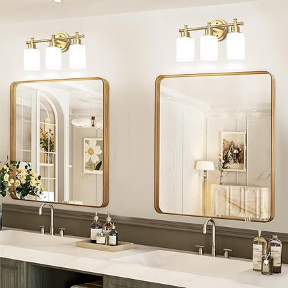 3-Light Gold Bathroom Vanity Light Fixtures, Brushed Gold Wall Sconce, Champagne Gold Vanity Light with Milky White Glass Shade Over Mirror, Bathroom, Bedroom, Modern Style, E26 Base