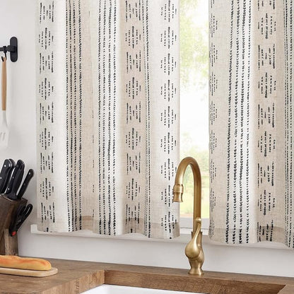 jinchan Boho Kitchen Curtains Linen Tier Curtains 45 Inches Bohemian Cafe Small Drapes Striped Mudcloth Farmhouse for Bathroom RV Camper Light Filtering Rod Pocket 2 Panels Black on Beige