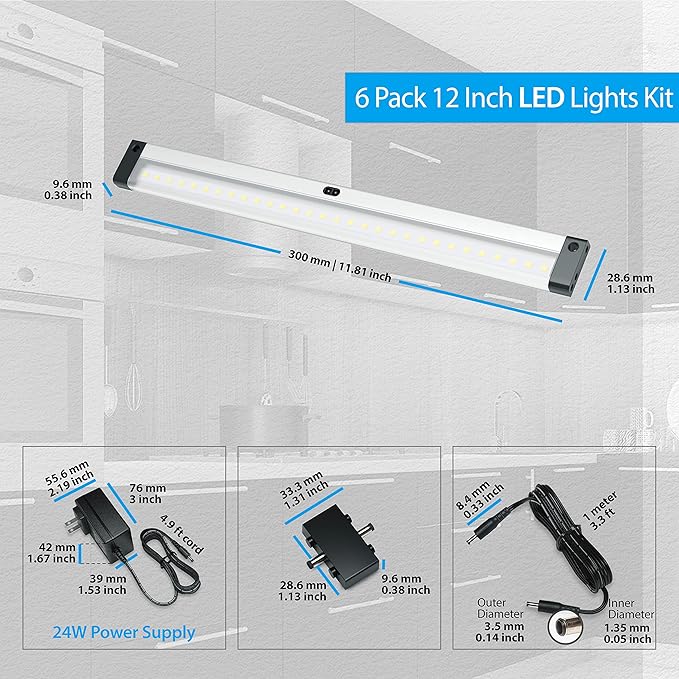EShine Hand Wave Activated Under Cabinet LED Lighting Kit, Dimmable, 6-Pack 12 in - Touchless Dimming Control, Black Under Counter Lights for Kitchen, Garage, Office, Desk - Cool White (6000K)
