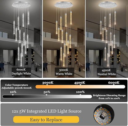 Crystal Staircase Chandelier, Modern Chrome Large Spiral Dimmable LED Cluster Raindrop Foyer Chandelier Lighting, Bubble Living Room Hanging Light Fixture 12 Light Remote Control