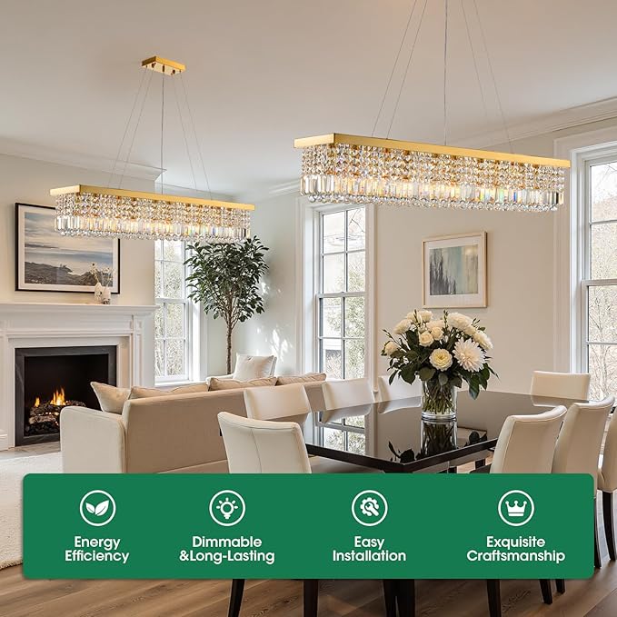 Gold Modern Crystal Chandeliers for Dining Room Light Fixture, 10-Light Rectangle Chandelier for Kitchen Island Living Room, L47.2 Inch