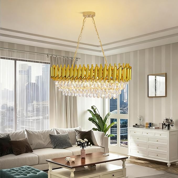 Oval Contemporary Ceiling Hanging Light, L32in Luxury Gold Chandelier Modern Rectangular Chandelier Linear Ceiling Pendant Light for Bedroom Kitchen 8Lights