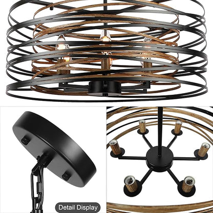 Sigaitwei 6-Light Dining Room Chandeliers Farmhouse，23.6" Large Black Farmhouse Chandelier，Wood Grain and Vintage Black Dining Room Light Fixture for Kitchen Entryway Living Room