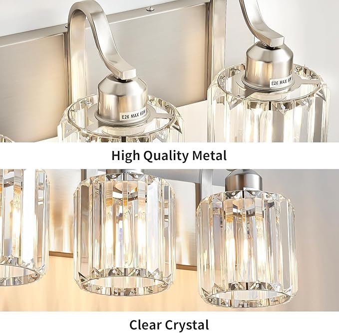 4 Lights Brushed Nickel Vanity Light Crystal Wall Light Bathroom Light Fixtures with Round Shade (Exclude Bulb)