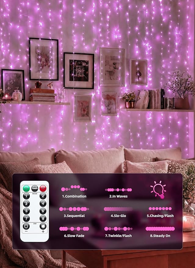 Brightown 300 LED Pink Fairy Curtain Lights, 9.8ft x 9.8ft String Lights, USB Plug in 8 Lighting Modes Christmas String Hanging Lights with Remote for Bedroom Indoor Outdoor Party Xmas Pink 1 Pack