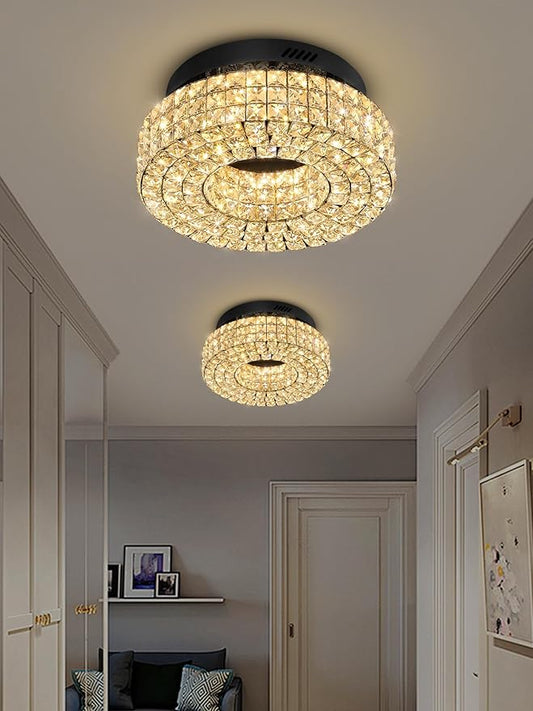 ykolupty 16" Crystal Chandeliers,Round Chandelier for Living Room Modern Crystal Ceiling Light Fixture for Foyer Bedrooms Dining Room Hallway Black