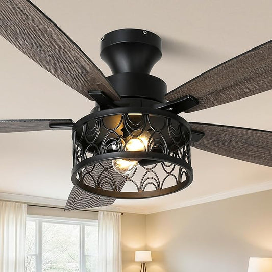 52'' Ceiling Fan with Lights, Flush Mount Farmhouse Ceiling Fan with Remote Control, 6 Speeds Reversible DC Motor, Low Profile Industrial Caged Ceiling Fan for Bedroom Living Room