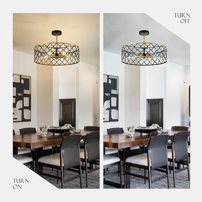 5-Light Drum Chandeliers for Dining Room,19.7" Rustic Farmhouse Dining Room Light Fixture, Black&Gold Metal Hanging Pendant Light for Living Room Bedroom Kitchen Entryway Foyer