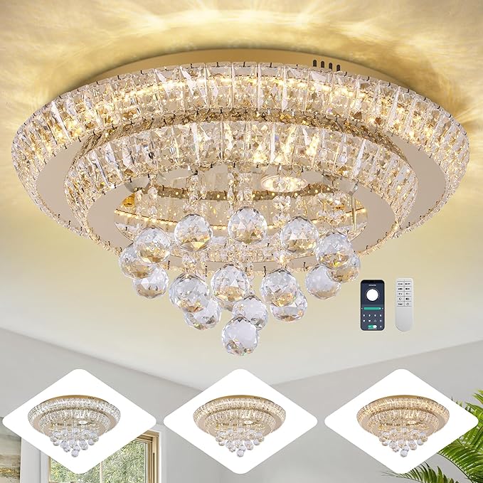 Miuyhji Large LED Crystal Raindrop Ceiling Light,Rose Gold, 20" Elegant Semi Flush Mount Chandelier Light Fixture with Remote Control for Living Room Kitchen Bedroom Hallway Entryway Foyer(Dimmable)