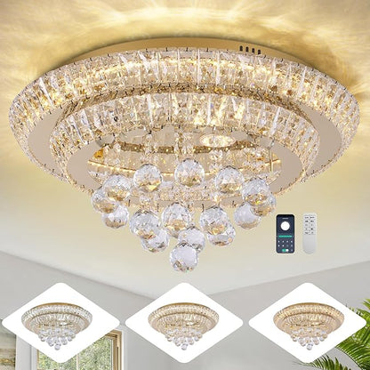 Miuyhji Large LED Crystal Raindrop Ceiling Light,Rose Gold, 20" Elegant Semi Flush Mount Chandelier Light Fixture with Remote Control for Living Room Kitchen Bedroom Hallway Entryway Foyer(Dimmable)