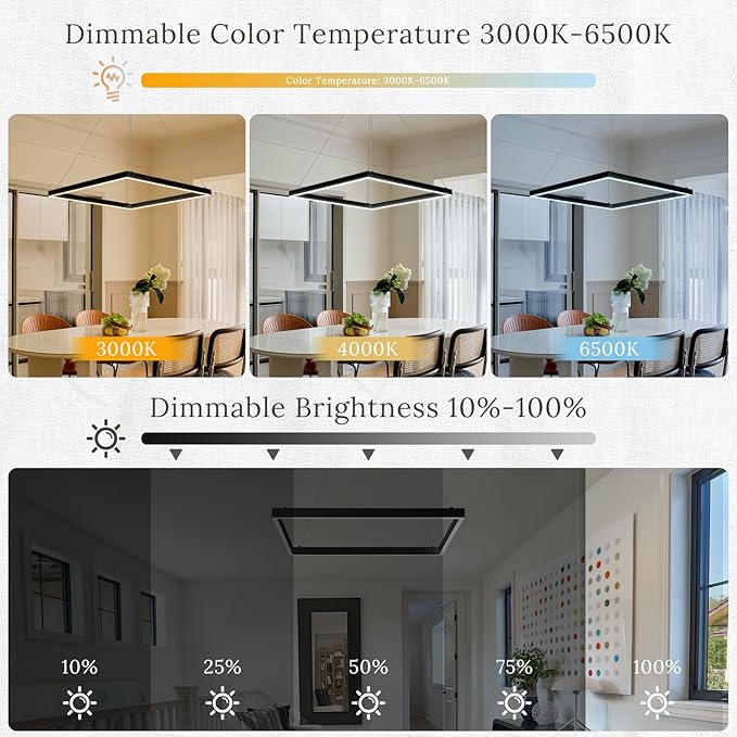 Modern 24" Square LED Chandelier, Black Linear LED Chandelier for Dining Room Dimmable Flush Mount Pendant Light for Living Room Kitchen Office, 3000-6500K