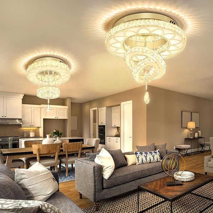 Flashing God 20" Modern Crystal Chandeliers for Living Room Gold Ceiling Chandelier LED Crystal Ceiling Light Flush Mount Chandelier for Bedroom Dining Room Entryway