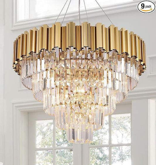 Gold Crystal Chandelier Lighting, 9 Light Crystal Dining Room Chandelier Light Fixture for High Ceiling Foyer Hall Entryway 5 Tier 27.5 inch