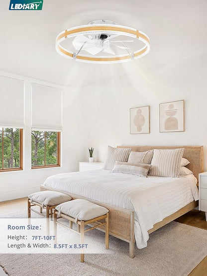 LEDIARY Ceiling Fans with Lights and Remote, 24'' Low Profile Ceiling Fan with Light, 3000-6000K Dimmable Fandelier Ceiling Fans, Modern Flush Mount Fan for Bedroom with 6 Wind Speeds- Wood Grain