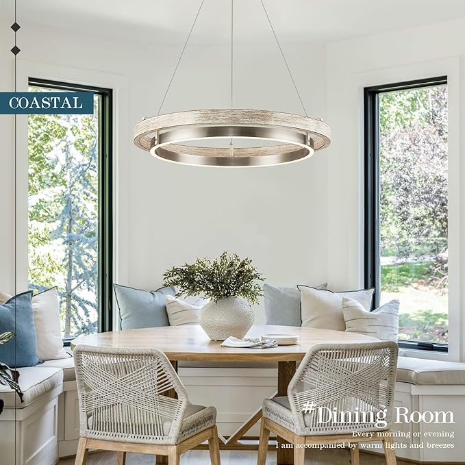 LED Ring Chandelier Weathered Wood Nickel Chandelier Dimmable Round Foyer Chandeliers Light Farmhouse Circular Chandeliers for Dining Room Entry Bedroom Office Living Room, 24in