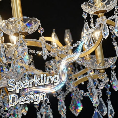 Antique Gold Crystal Chandeliers, Luxury Polished Golden Bronze Candle Pendant Ceiling Light Fixture, 15 Lights Golden Crystal Chandelier for Dining Room Living Room Bedroom Foyer