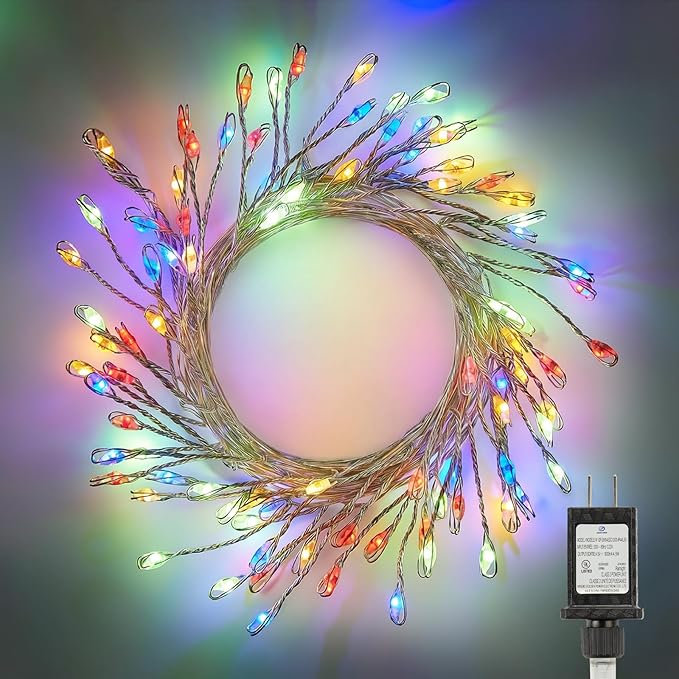 Minetom Fairy Lights Plug in, 10Feet 200LED Cluster String Lights, Silver Wire Waterproof Starry Firecracker Lights for Ceiling Bedroom Wreath Window Wedding Christmas Tree Decorations, Multicolor