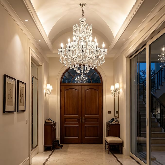 Transparent Crystal Chandelier 16-Light Modern K9 Crystal Chandelier Light Fixtures 33.5in Luxurious Ceiling Hanging Light Fixtures for Living Room, Dinning Room Staircase Entryway(16 Lights 2-Tier)