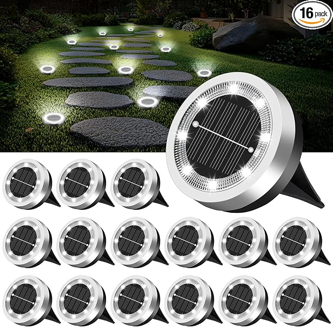 SenLuKit Mini Solar Ground Lights 16 Pack Outdoor IP65 Waterproof Solar Flat Garden Light Solor Powered Disc Pathway Lights for Outside Walkway Yard Landscape Patio Lawn Driveway-Cool White