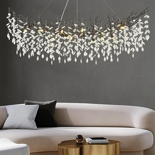 Crystal Chandeliers for Dining Room,63" Black Farmhouse Raindrop Chandelier Large Unique Adjustable Tree Branch Industrial Rectangle Chandelier for Living Room, Bedroom, Entryway (16-Light)