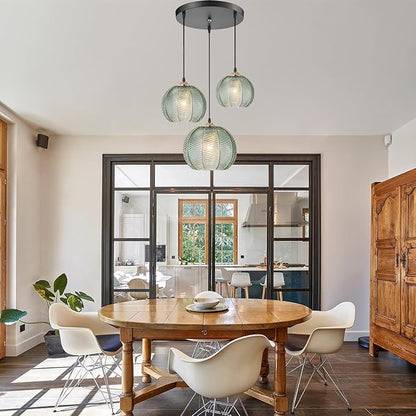 Cluster Pendant Light Fixture, Mid Century Modern 3-Light Globe Custer Chandelier, Farmhouse Dining Room Kitchen Island Hanging Light Fixture Over Table with Ribbed Green Glass Shade