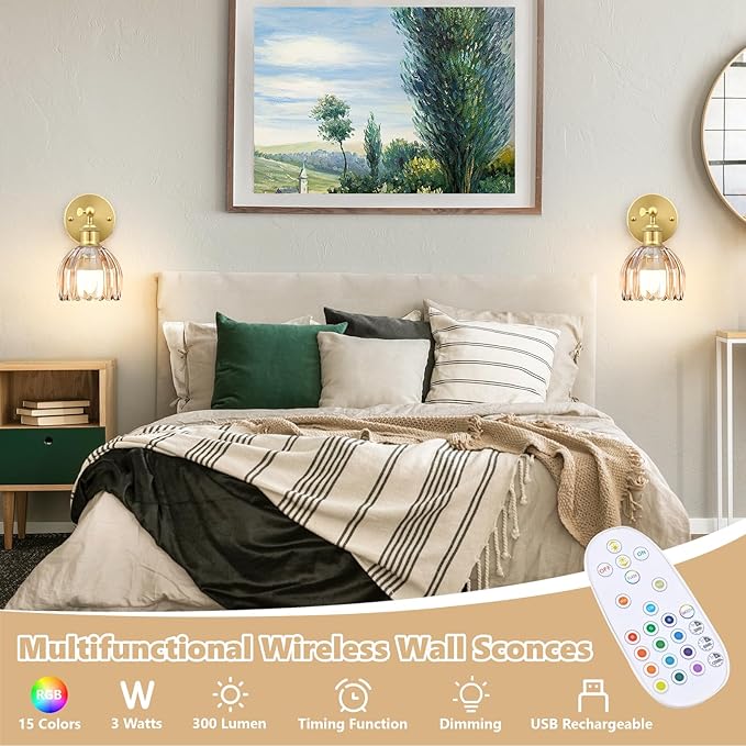 Vintage Battery Operated Wall Sconce, Amber Tulip Glass Lampshade Wireless Rechargeable Battery Powered LED Wall Light with Remote Dimmable for Bedside Bedroom Doorway Living Room, Set of 2
