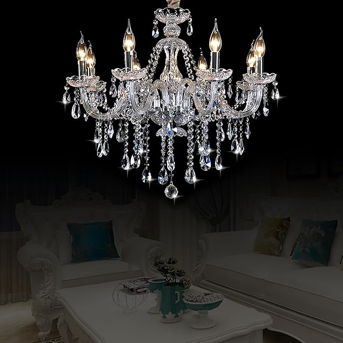 Bagood Clear 8 Lights K9 Crystal Candle Chandeliers Lighting Modern Pendant Lights Ceiling Fixture Lamp for Dining Living Room Bedroom Entry Elegant Decoration E12 Base, H20.5 x W28.3 Inch
