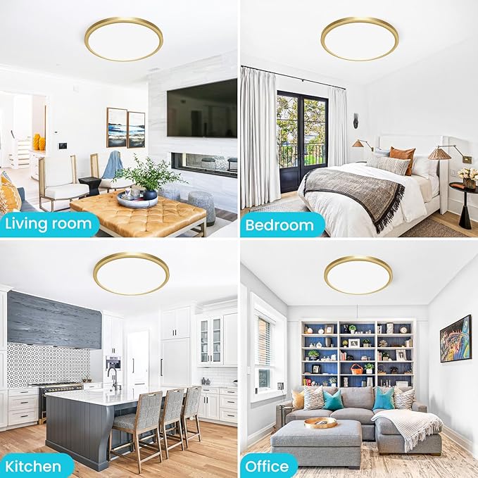 libtit 12 Inch LED Ceiling Light Golden, 28W 3200lm Aureate Flush Mount Ceiling Light, 3 Color Temperature 3000K/4500K/6000K, Gilded Round Flat Light Fixture for Kitchen Bathroom Shower, 2Pack