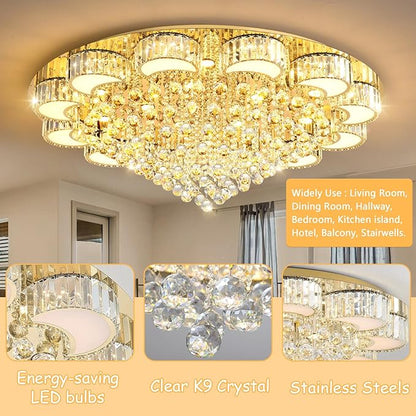 47" Gold Modern Crystal Chandeliers for Dining Room LED Dimmable Light Fixtures Flush Mount Light Living Room Bedrooms