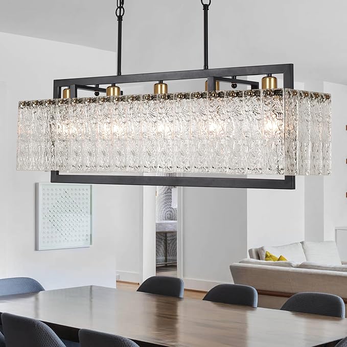 Black Crystal Chandeliers for Dining Room, 35.4" Modern Chandelier for Living Room,Water Ripple Glass Design, Adjustable Height, Rectangle Hanging Light Fixture for Living Room Kitchen Island