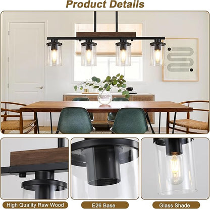 29.3'' Kitchen Island Light Fixtures, 4-Light Dining Room Light Fixture Chandelier Over Table, Black Modern Rustic Wood Ceiling Pendant Light Fixtures, with Clear Glass Shade, Farmhouse Chandelier