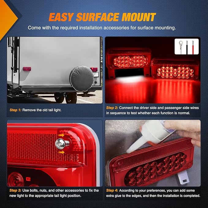 Nilight RV Tail Light 2PCS 54 LED White License Plate Lights Red Running Stop Brake Turn Signals Surface Mount Waterproof Taillights for Camper Van Caravan