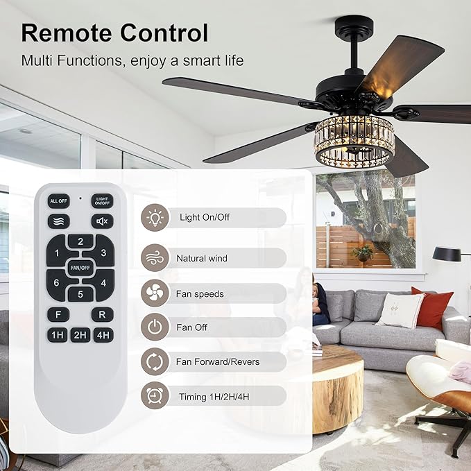 Farmhouse Ceiling Fan with Lights and Remote Large Rustic Ceiling Fan Caged Fandelier Industrial Chandelier Light, Reversible Quiet DC Motor 6 Speed for Indoor Outdoor (Crystal, 60 Inch)