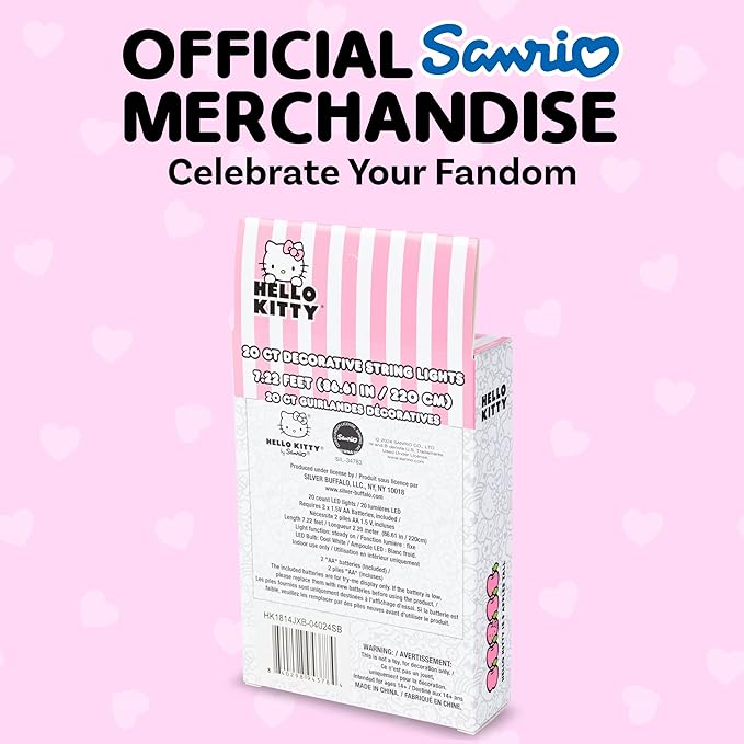 Silver Buffalo Sanrio Hello Kitty Strawberry Dress 20ct Decorative String Lights, 7 Feet Long, Battery Powered (2 AA Batteries Included), Cool White LED, Indoor Use Only