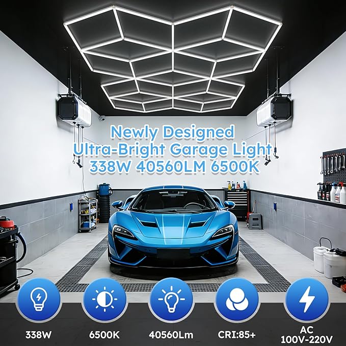 ALLYES Hexagon Garage Lights, LED Honeycomb Garage Lights, 338W 40560LM 6500K, 21 Rhombus Car Detailing Lighting for Workshop Showroom Basement Gym