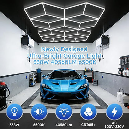 ALLYES Hexagon Garage Lights, LED Honeycomb Garage Lights, 338W 40560LM 6500K, 21 Rhombus Car Detailing Lighting for Workshop Showroom Basement Gym