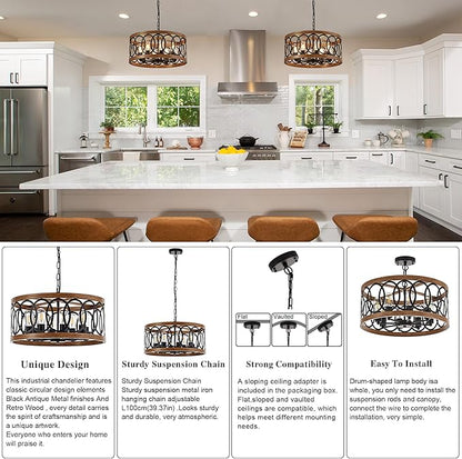 8-Light Farmhouse Drum Pendant Light,19.68'' Nature Wood Texture Vintage Rustic Chandeliers Black Metal Industrial Hanging Light Fixtures for Entryway, Bedroom Dining Room