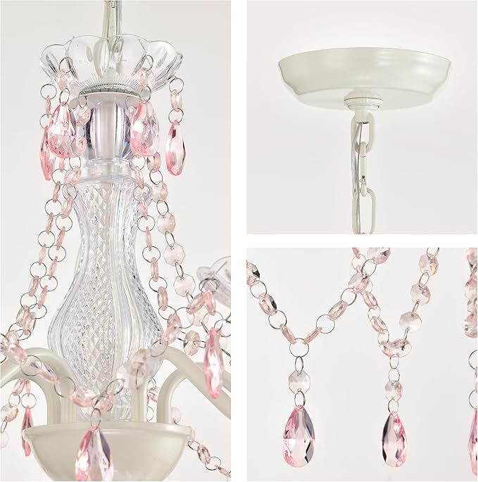 Small Pink and White Girls Bedroom Light – 5-Light Modern Acrylic Crystal Ceiling Fixture, Mini Chandelier for Kids Room, Dining Room, Living Room, Foyer