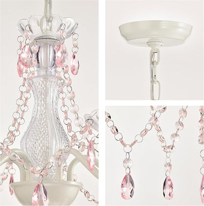 Small Pink and White Girls Bedroom Light – 5-Light Modern Acrylic Crystal Ceiling Fixture, Mini Chandelier for Kids Room, Dining Room, Living Room, Foyer