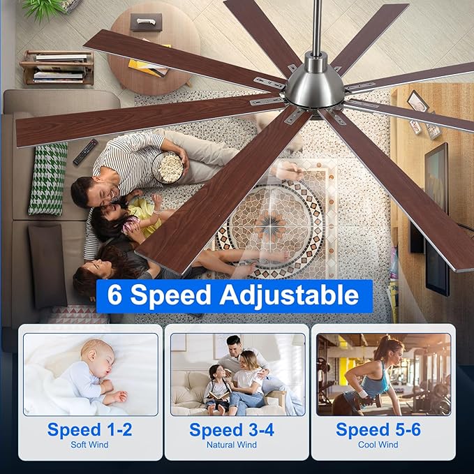 72 Inch Ceiling Fans with Lights and Remote, Nickel Large Ceiling Fan for Bedroom Living Room Indoor/Outdoor, 6 Speed Reversible DC Motor, 3CCT, Downrod, Dual Color 8 Blades, ETL Listed