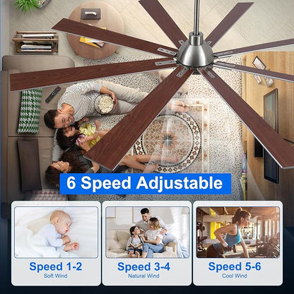 72 Inch Ceiling Fans with Lights and Remote, Nickel Large Ceiling Fan for Bedroom Living Room Indoor/Outdoor, 6 Speed Reversible DC Motor, 3CCT, Downrod, Dual Color 8 Blades, ETL Listed