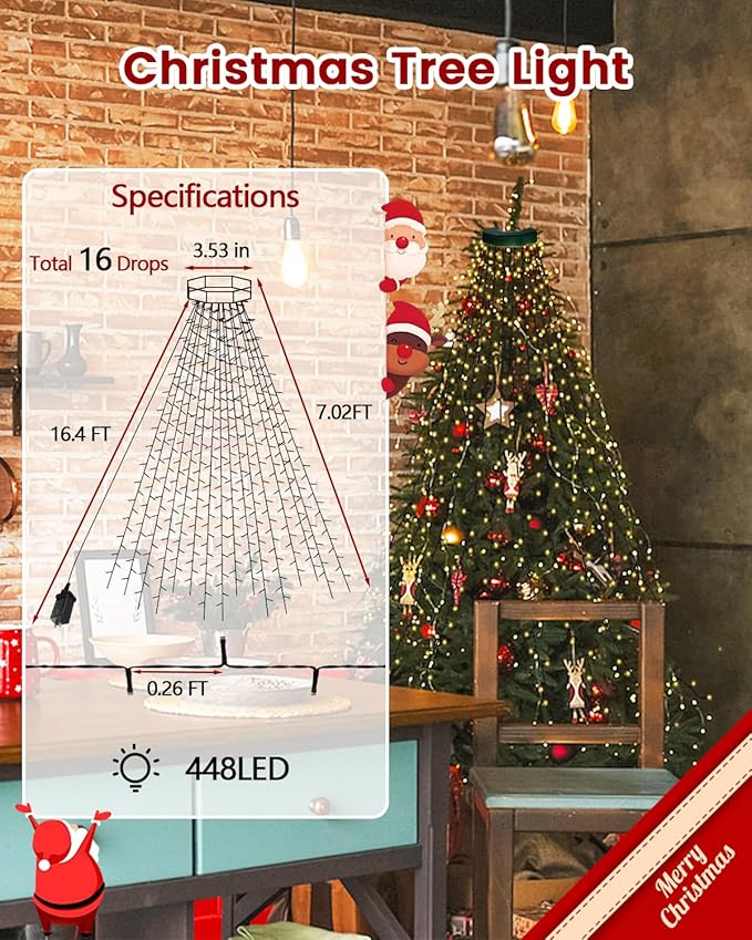 2025 New Christmas Tree Lights Indoor with Voice Control & Remote | 448LED Waterfall Tree Topper Lights with 12 Modes & Timer, 7FT x 16 Lines Cascading Twinkle Lights for 7FT Xmas Decor(Warm White)