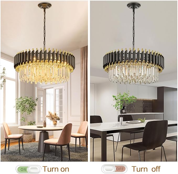 24" Modern Black and Gold Crystal Chandelier for Dining Room,5-Tier 8 Lights K9 Crystal Round Ceiling Light Fixture,Large Pendant Lighting Chandeliers for Living Room Entryway Foyer