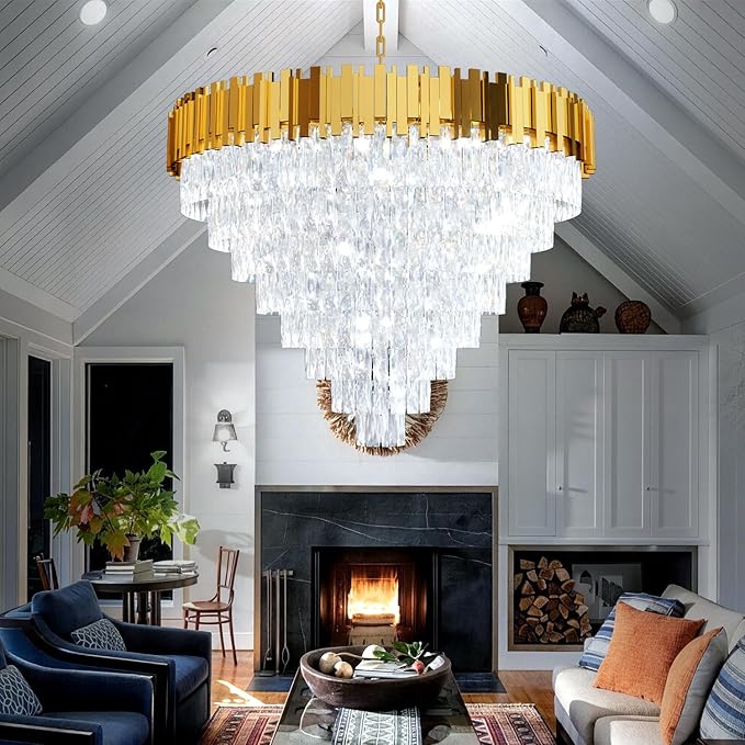 Gold Crystal Chandelier 40” 8-Tier Modern Round K9 Crystal Ceiling Light, Height Adjustable 16-Light Luxury Pendant Lighting for High Ceiling Dining Room Living Room Foyer Staircase