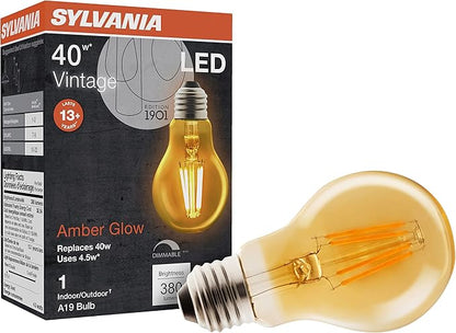Sylvania A19 LED Vintage Light Bulb, 40W Equivalent Efficient 4.5W, 13 Year, 380 Lumens, Dimmable, Amber Glow - 1 Pack (75347)