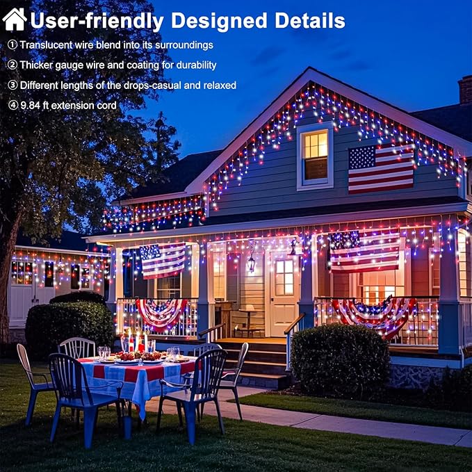 66ft 640LED Red White and Blue Lights for Christmas Decorations Outdoor Icicle Lights for Outside, Clear Wire Connectable Twinkle Light for House Party Holiday Patio Yard