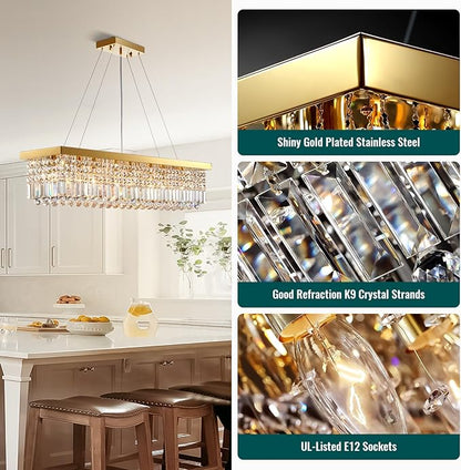 Siljoy 8-Light Modern Crystal Chandelier, 40'' Gold Rectangular K9 Crystal Raindrop Chandelier, Luxury Dimmable Crystal Ceiling Light for Living Dining Room Kitchen Island L40'' x W10'' x H10''