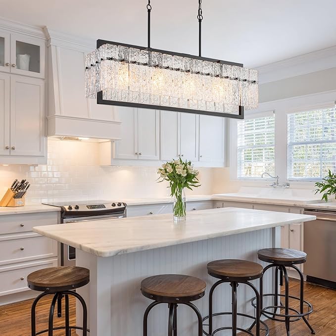 Modern Large Rectangle Chandeliers for Dining Room, 4 Lights Black Crystal Kitchen Island Lighting with Water Ripple Glass, Linear Farmhouse Pendant Light Fixture Over Table UL Listed